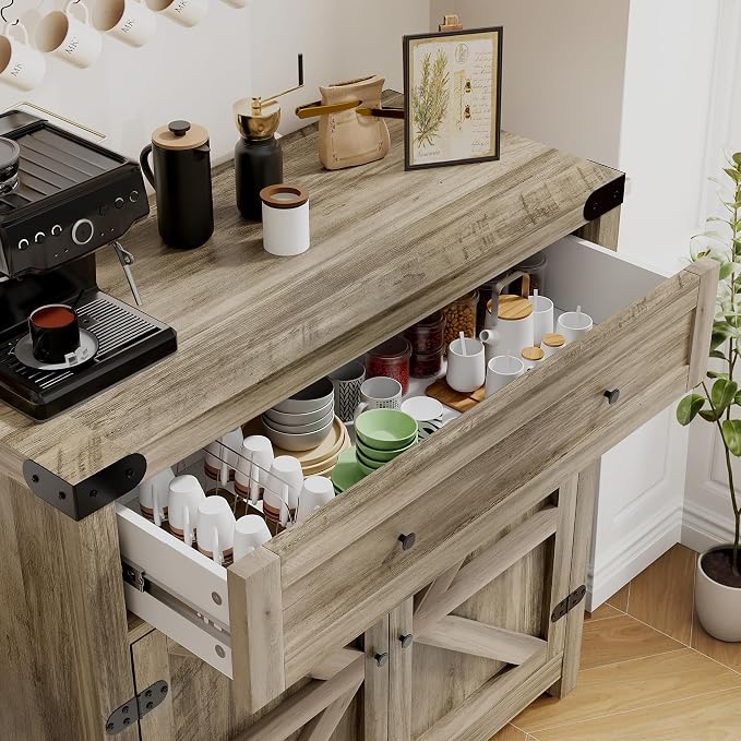 YESHOMY Coffee Bar and Accent Cabinet, Farmhouse Barn Door Buffet Sideboard - Image 6
