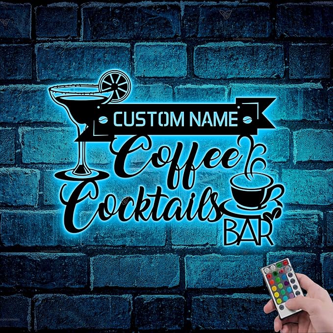 Cocktail And Coffee Metal Wall Art LED Lights, Lighted Bar LED Custom Name Sign by HANZSPROUT