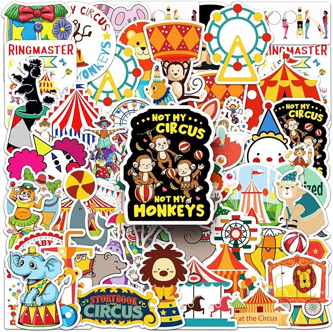 51Pcs Circus Stickers, Waterproof Vinyl Cute Carnival Animal Decals - Image 3