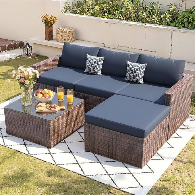 UDPATIO 5 Piece Patio Furniture Set, All-Weather Wicker Outdoor Sectional Sofa by UDPATIO