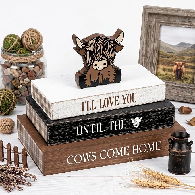 Amyhill 4 Pcs Highland Cow Table Decorations, Rustic Wooden Highland Cow by Amyhill