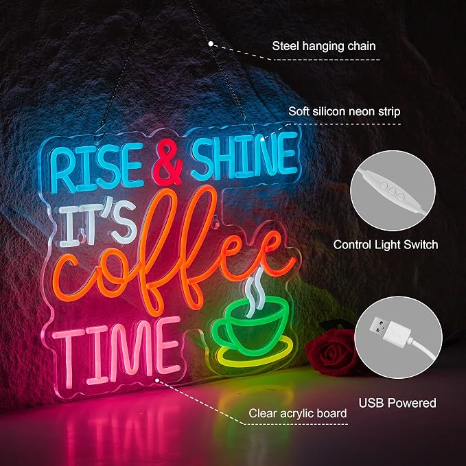 Coffee Bar Sign Rise Shine It's Coffee Time Neon Signs - Image 4