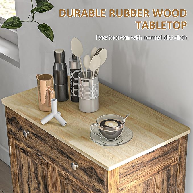 HOMCOM Sideboard with Solid Wood Countertop, Modern Kitchen Storage Cabinet - Image 5