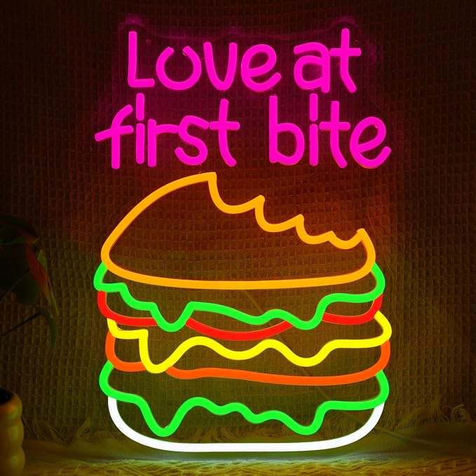 Love At First Bite Neon Sign Burger LED Neon Light Dimmable Hamburger Food by Unknown