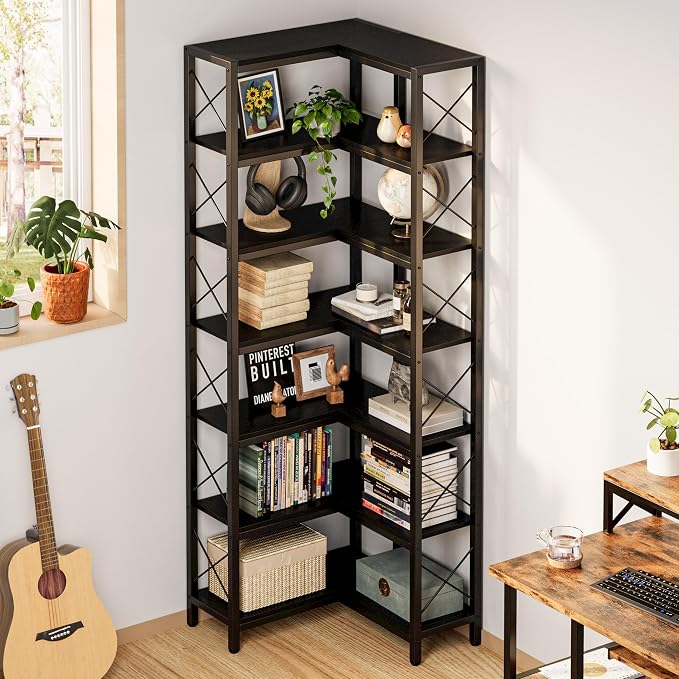 IRONCK Corner Bookshelf, 7-Tier Industrial Corner Bookcase, Tall Corner Shelf - Image 2