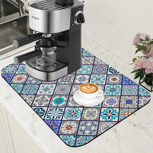 Colorful Tiles Dish Drying Mat for Kitchen Counter Coffee Mat Hide Stain Absorbent Non-Slip Rubber Backed Drying Rack Pad Espresso Machine Coffee Bar Accessories 11.8 x 19.7 Inch