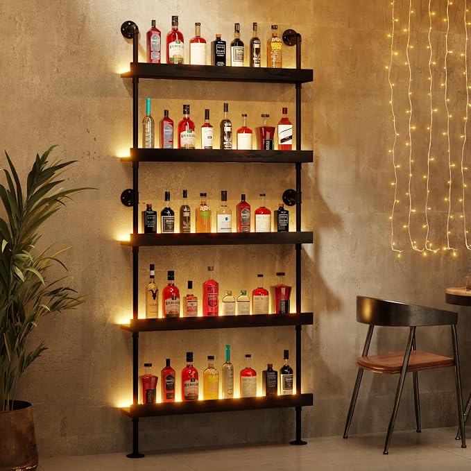 Wall Mounted Wine Rack with LED Light, LED Industrial Pipe Liquor Bar Shelves by Anynice