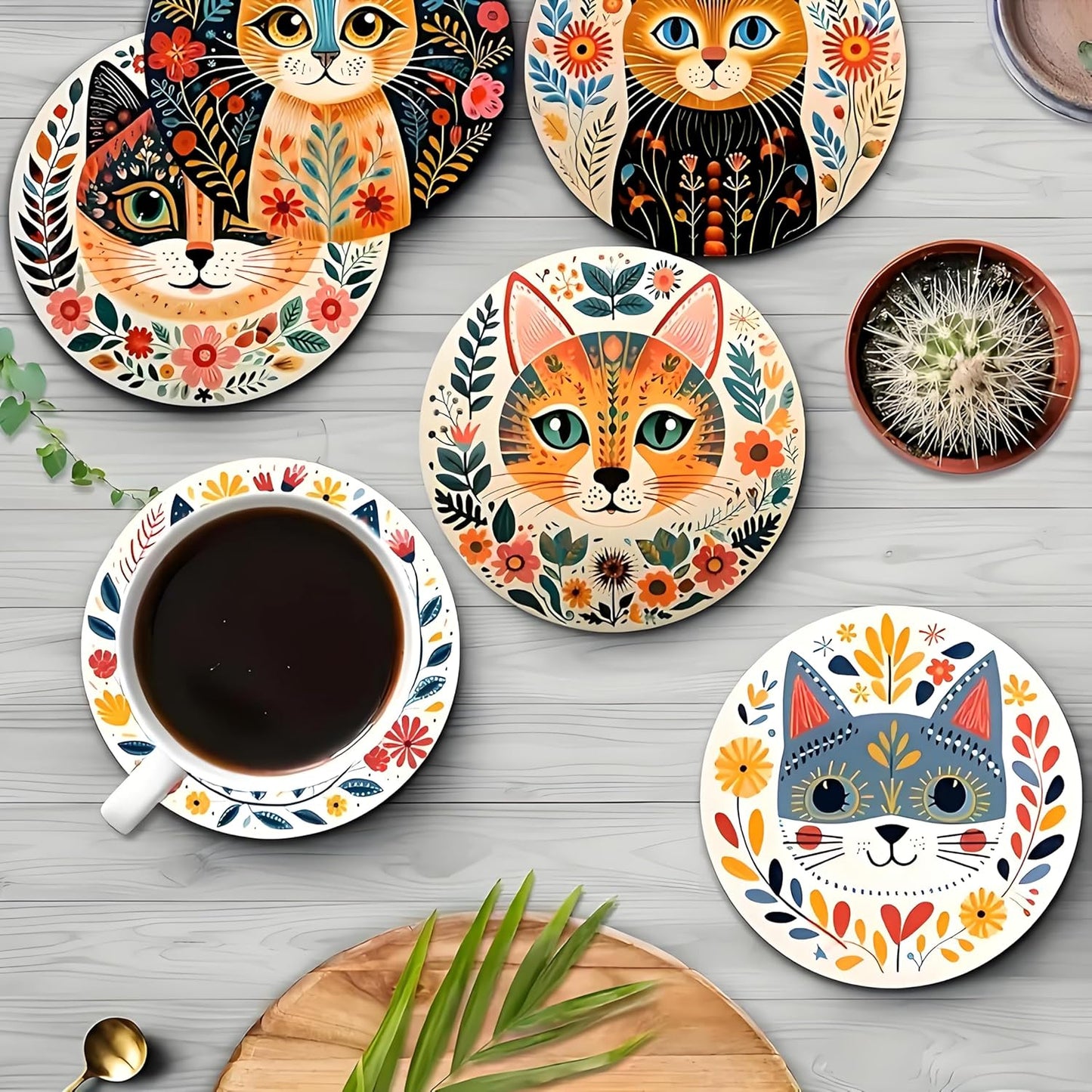 Coasters Set of 6, Wood Coasters for Drinks - Handcrafted Cat Design Thick Heat-Resistant for Beer, Coffee, Office, Bar, Farmhouse Home Decor, Tabletop Protection, for All Cups