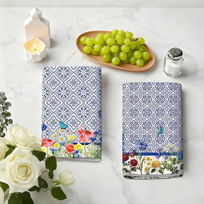 Blue and White Kitchen Towels Set of 4, Chinoiserie Dish Towel Dishclothes - Image 3