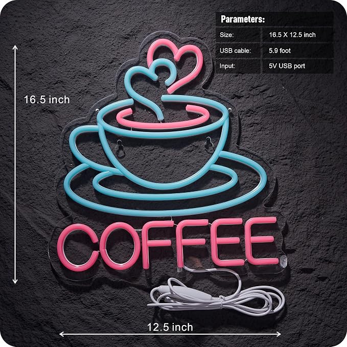 Coffee Neon Sign for Business, USB Powered Dimmable Bright Signs for Coffee - Image 3