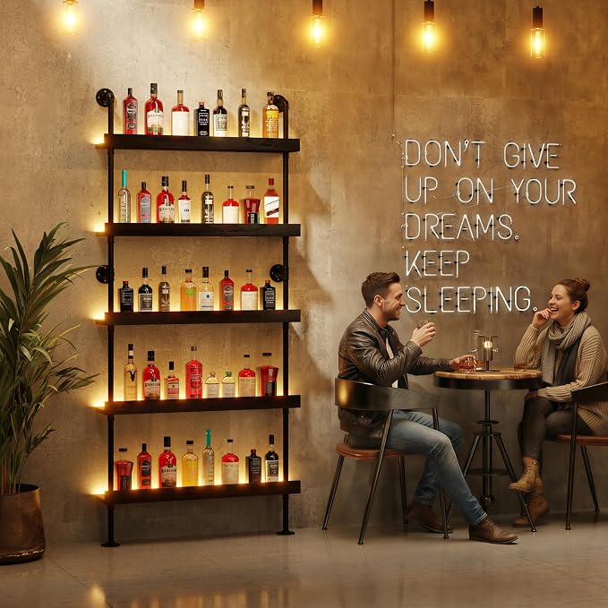 Wall Mounted Wine Rack with LED Light, LED Industrial Pipe Liquor Bar Shelves - Image 6