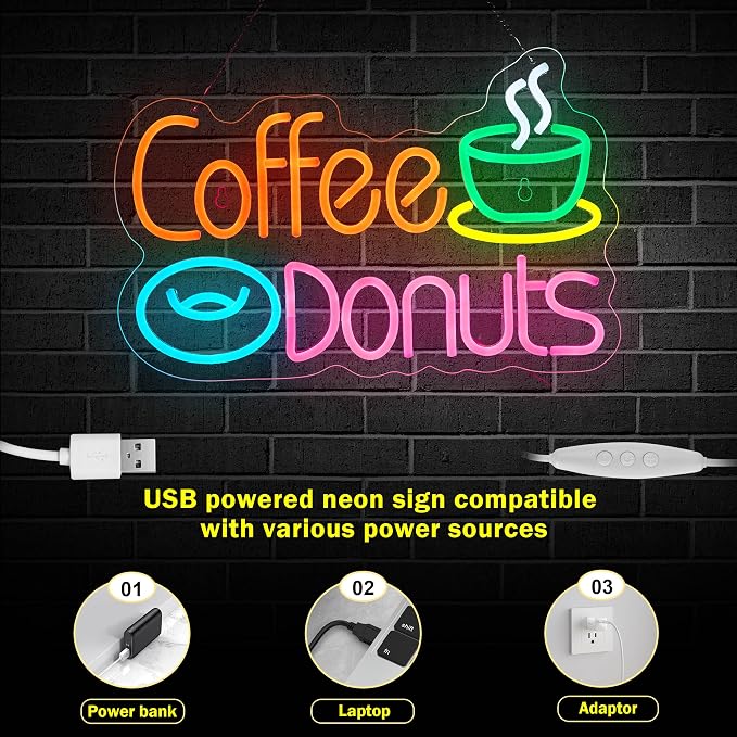 Coffee and Donuts Neon Sign for Wall Décor Dimmable LED Neon Light USB Powered - Image 5
