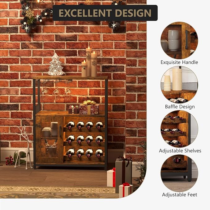3-Tier Wine Bar Cabinet with LED Lights & Wine Rack, Wine Cabinet with Storage - Image 3