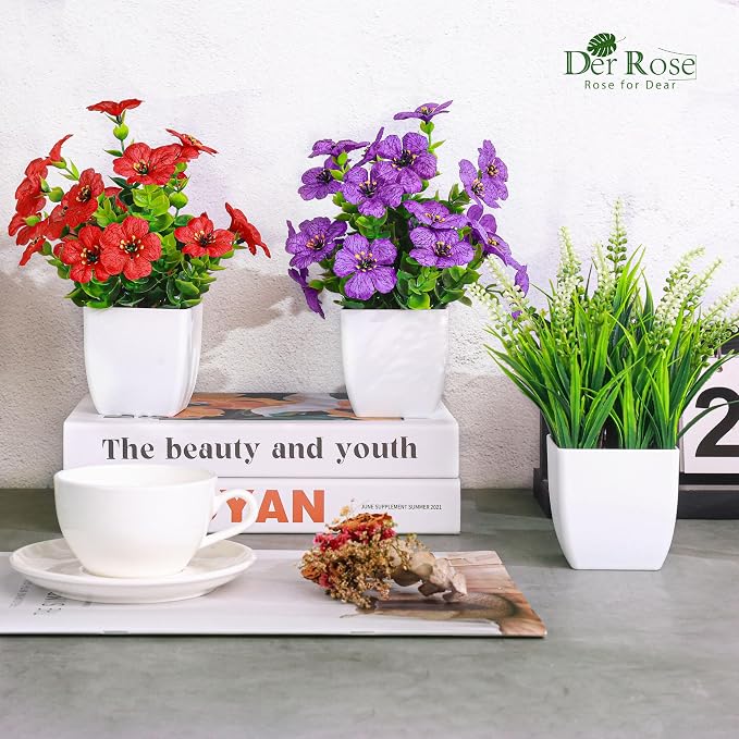 Der Rose Fake Plants 4 Pack Small Artificial Flowers in White Pots - Image 2