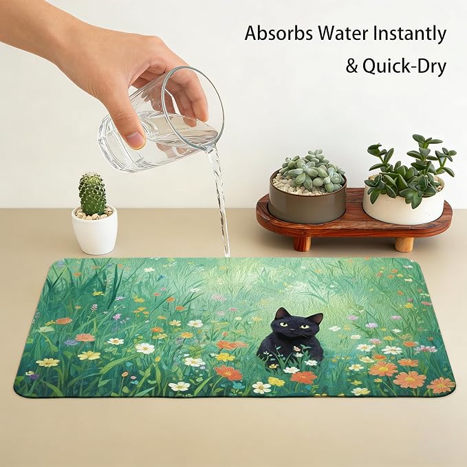 Wildflower Black Cat Dish Drying Mat, Cat Lover Gifts, Cats in Colorful Floral - Image 7
