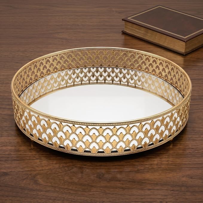 10 Inch Glass and Gold Round Tray Set of 2，Dinner Plate Perfume and Vanity Tray - Image 5