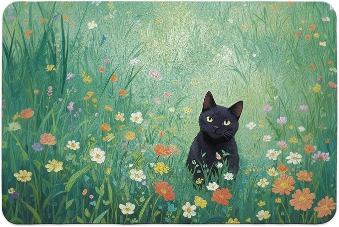 Floral Black Cat Dish Drying Mat, Cat Lover Gifts, Cats in Colorful Wildflower by Unknown