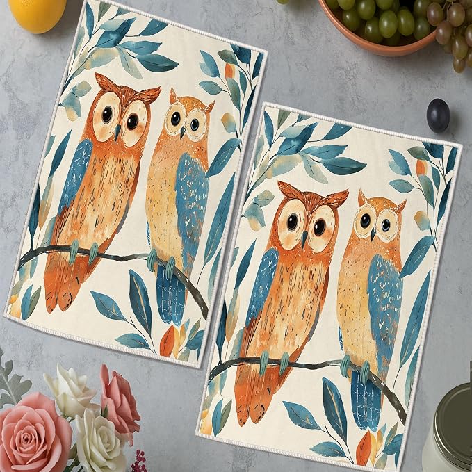 Owls Kitchen Towels Set of 4, Nature Fanciful Leaves Branches Fall Brown - Image 5