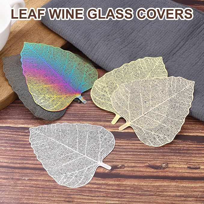uxcell 4 Pcs Stainless Steel Drink Covers, Leaf Shape Wine Glass Covers - Image 4
