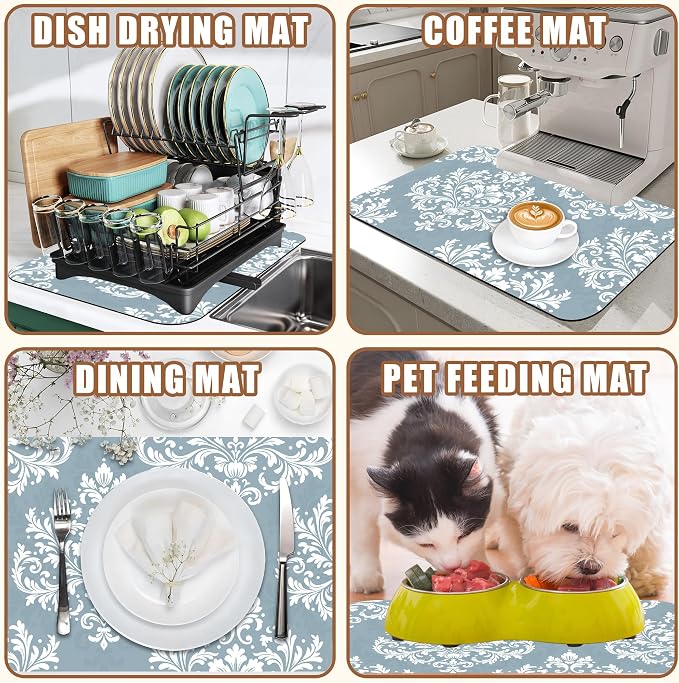 Dish Drying Mat Blue Damask Floral Coffee Bar Mat - Image 7