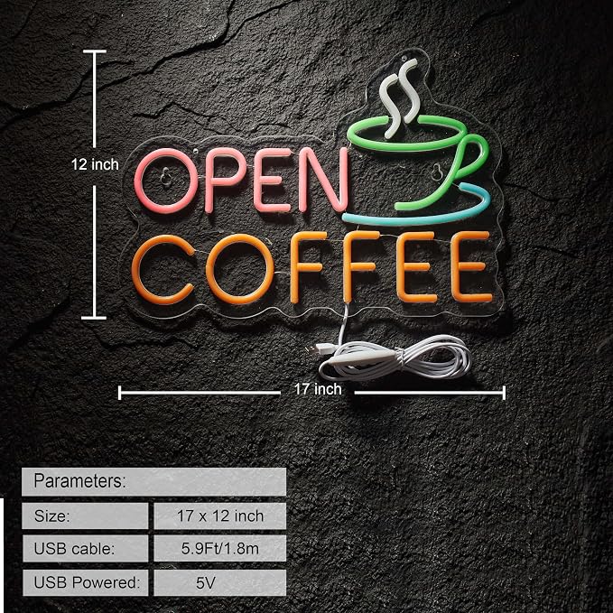 Coffee Open Neon Sign for Coffee Bar Wall Décor Dimmable Business Shop LED Neon - Image 3