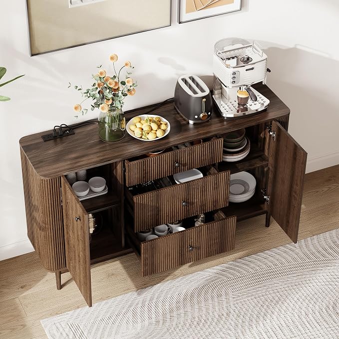 59" Buffet Cabinet with Drawers, Large Fluted Sideboard Buffet Storage Cabinet - Image 9