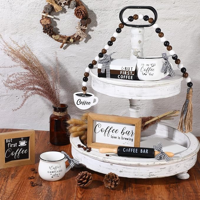 Yookeer 7 Pcs Coffee Tiered Tray Decor Set Mini Bar Art Display Framed Coffee - Image 4
