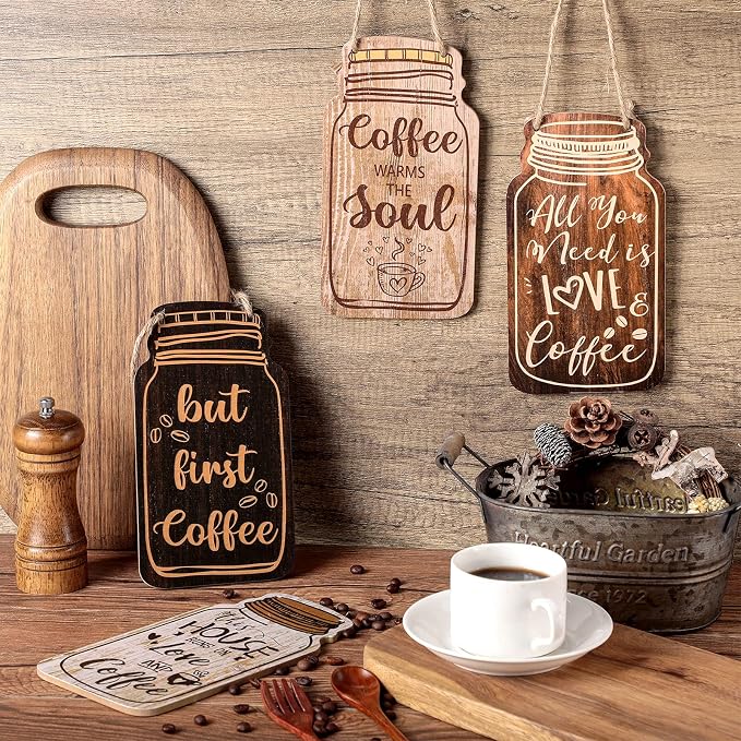 Jetec 4 Pcs Coffee Bar Decor Mason Jar Wood Sign Wall Hanging Plaque But First - Image 7