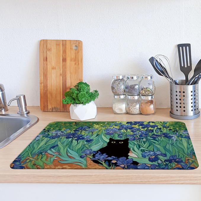 William Morris Floral Black Cat Dish Drying Mat, 16x24 Inch - Image 2