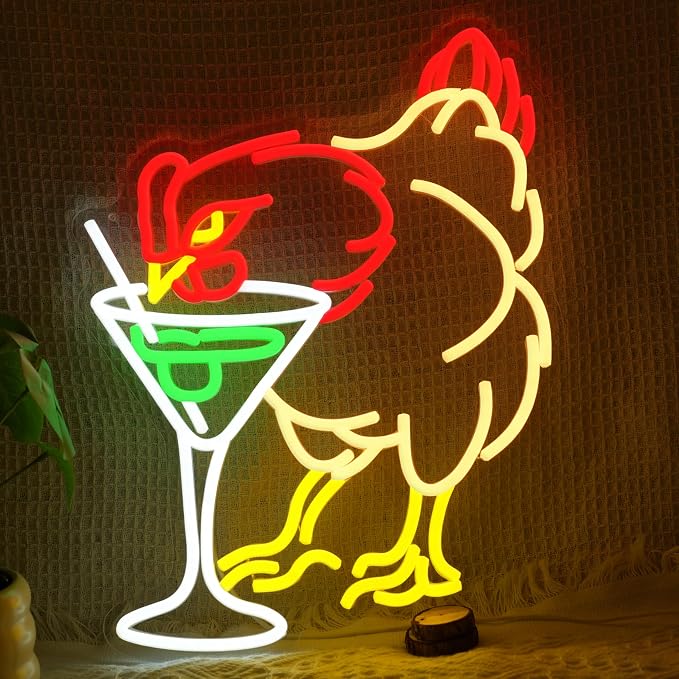 Chicken Cocktail Neon Sign Dimmable Martini Chicken Neon Light LED Rooster by Unknown