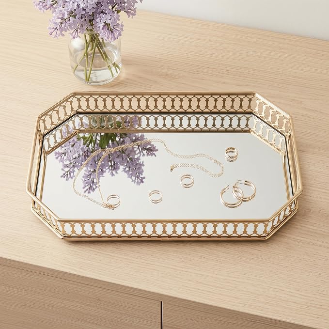 Glass and Gold Rectangular Tray Set of 2， Dinner Plate Perfume and Vanity Tray - Image 5