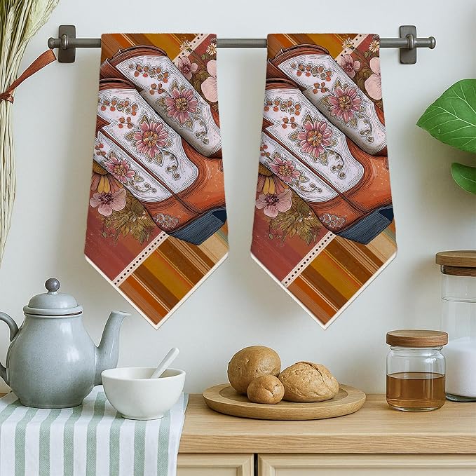 Cowboy Boots Kitchen Towels Set of 4, Western Rustic Flowers Stripes Fall Brown - Image 4