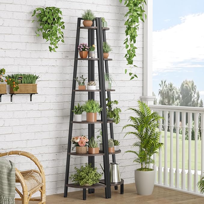 Hoctieon Corner Shelf, 6-Tier Corner Bookshelf, Rustic Ladder Shelf, Industrial - Image 7