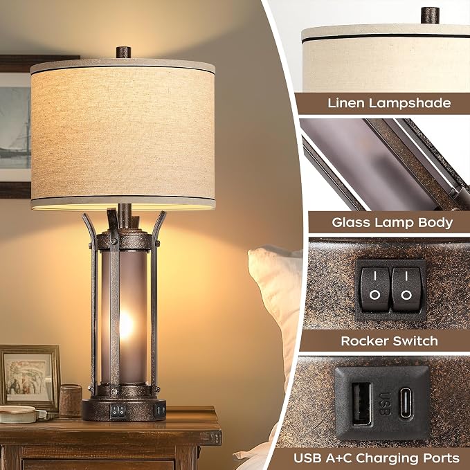 QiMH Farmhouse Table Lamps for Living Room, Rustic Beside Lamps for Bedroom - Image 4