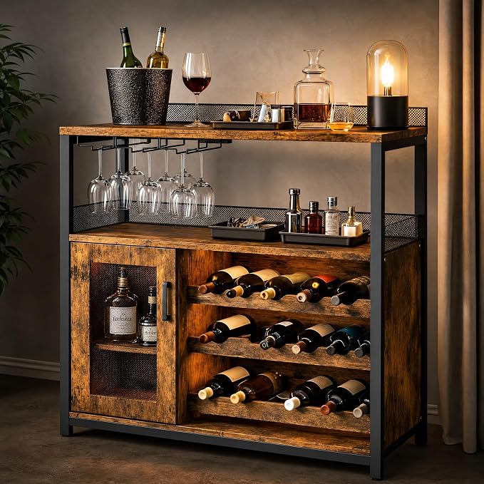 Wine Bar Cabinet with LED light, 3-Tier Removable wine rack cabinet glass holder by IDEALHOUSE