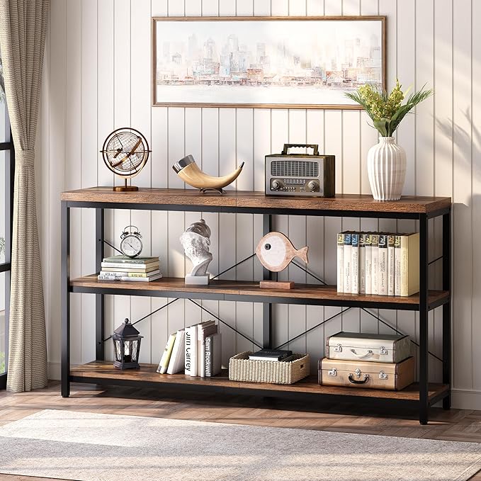 3-Tier Industrial Bookshelf, Wide Wood Horizontal Bookcase, Open Large Book - Image 2