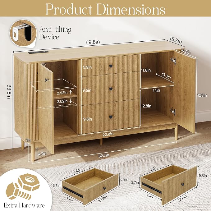 59" Buffet Cabinet with Drawers, Large Fluted Sideboard Buffet Storage Cabinet - Image 2