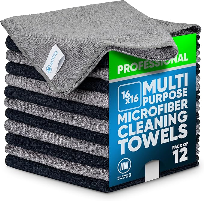 MW Pro Microfiber Cleaning Cloth | Black Gray | 12 Pack | 16” x 16” | All by MicrofiberWholesale