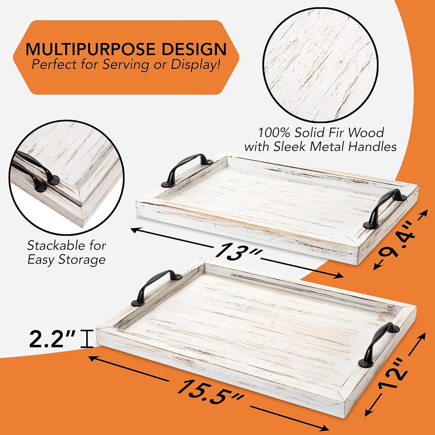 Rustic Serving Tray with Handles - 2 Nesting Trays for Serving Food - Wooden Tray for Decor, Coffee Table & Ottoman - Large Serving Tray with Distressed White Finish to Complement Any Decor