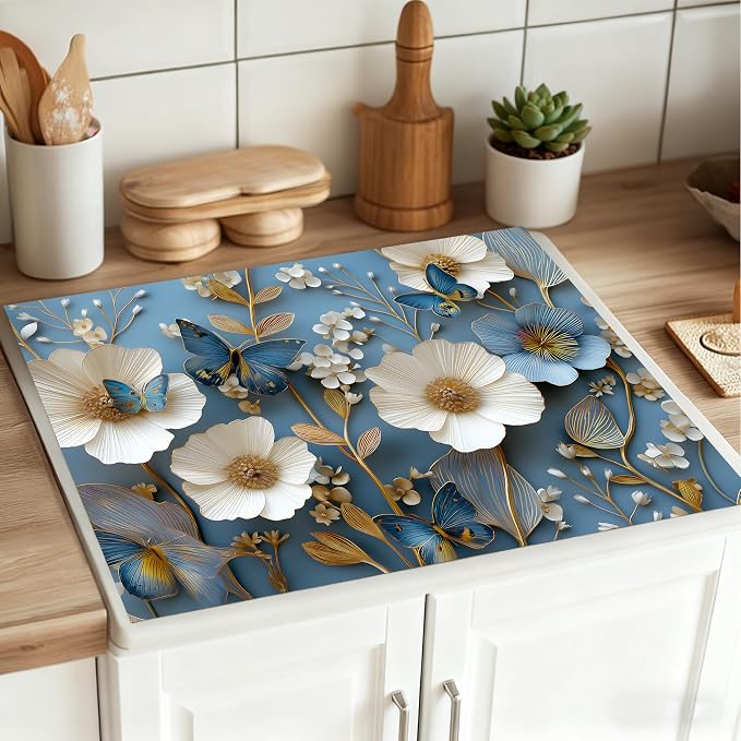 lue Butterfly Floral Stove Top Cover 28.3 x 20.5 Inches, Heat Resistant Glass - Image 5