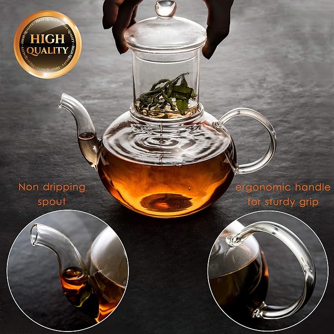 Moss & Stone Glass 27oz Tea Kettle Infuser & 4 Tea Cups Gift Set, Borosilicate - Image 4