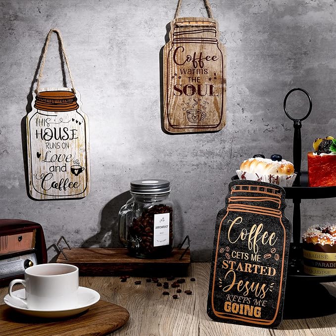 Jetec 3 Pcs Coffee Bar Decor Sign Mason Jar Wall Hanging Plaque Farmhouse - Image 7