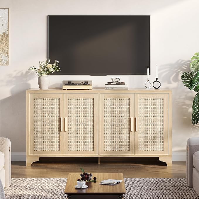 GarveeHome 4-Door Sideboard Buffet Cabinet, Natural Rattan Storage Cabinet - Image 3
