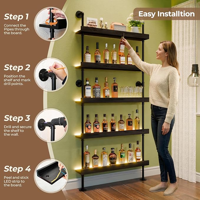 Wall Mounted Wine Rack with LED Light, LED Industrial Pipe Liquor Bar Shelves - Image 4