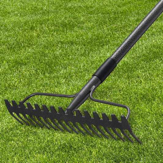 49'' Bow Rake ，17 Tines Metal Head Rakes with Stainless Steel Handle，Heavy Duty Garden Rake for Loosening Soil Gathering Leaf Leveling Lawn Farming Land Management Yarn Thatch Rake
