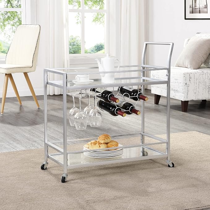 FirsTime & Co. Silver Delilah Bar Cart, 2 Tier Mobile Mini Bar, Kitchen Serving by FirsTimeCo