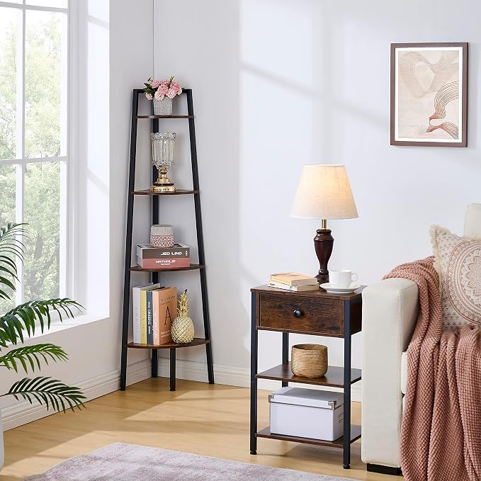 Hoctieon Corner Shelf, 4-Tier Corner Bookshelf, Rustic Ladder Shelf, Industrial - Image 4
