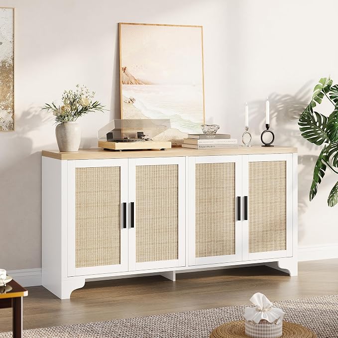 GarveeHome 4-Door Sideboard Buffet Cabinet, Natural Rattan Storage Cabinet - Image 6