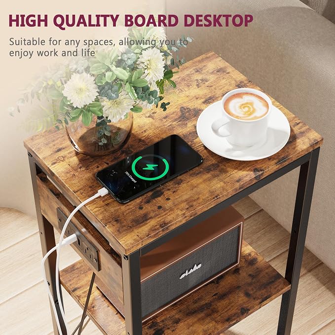 Side Table with Charging Station, Nightstand with USB Ports and Outlets - Image 6