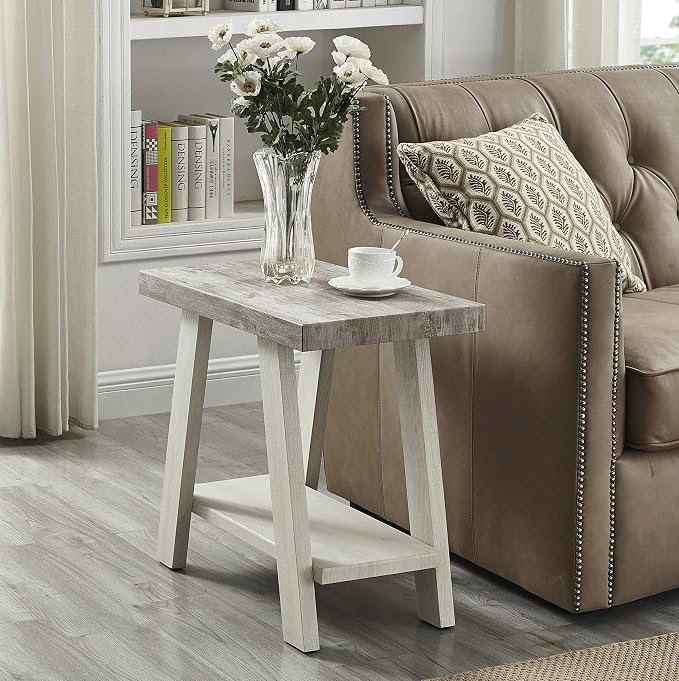 Modern End Table with Storage Shelf, Weathered Gray and Beige Wood Side Table by Noeko
